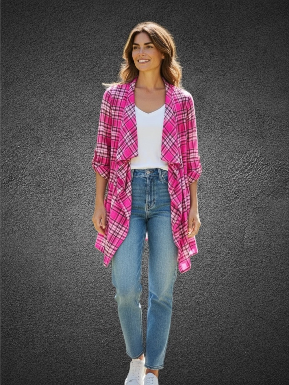 Bobbie Brooks Plus Pink Plaid Open Front Cardigan Shirt Blouse 2X